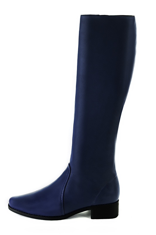 Navy blue women's riding knee-high boots. Round toe. Low leather soles. Made to measure. Profile view - Florence KOOIJMAN